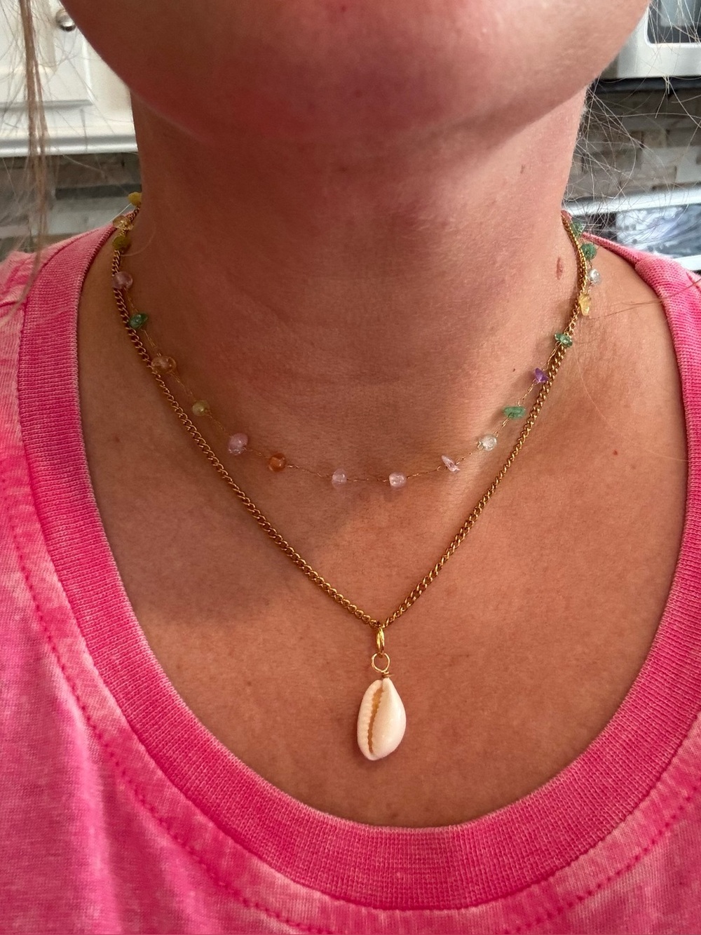 Gold Shell Pendant Necklace with Multicolor Bead Choker - Women Jewelry